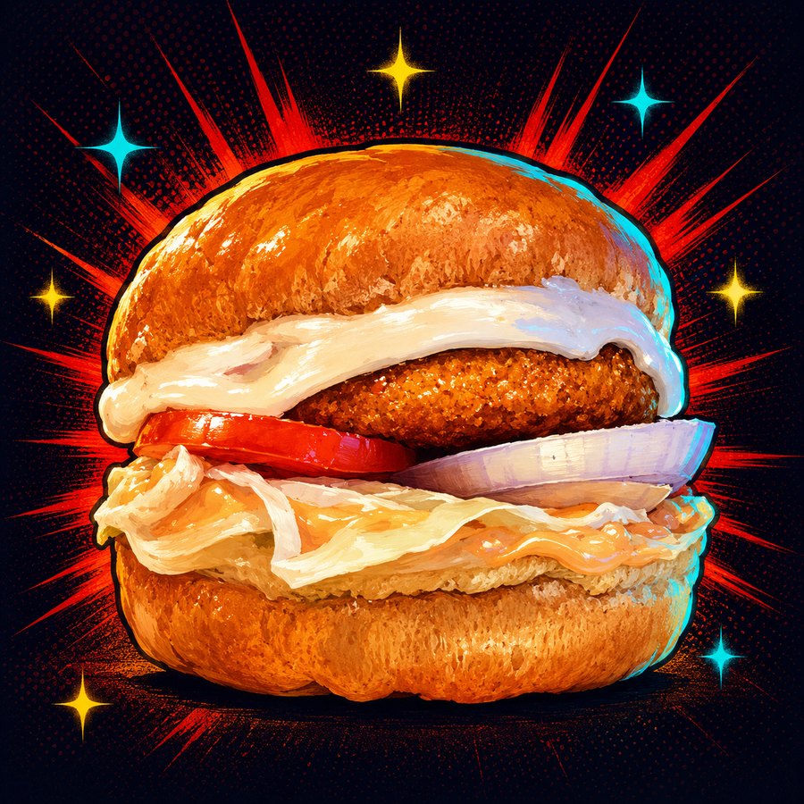 Illustration of a grilled burger with crispy patty, creamy sauce, tomato and onion